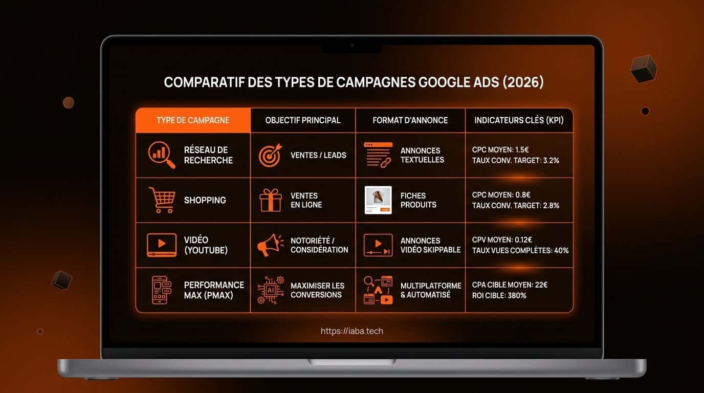 Créer une campagne Google Ads : le tutoriel opérationnel 4 Comparatif des paramètres de campagne Google Ads 2026
