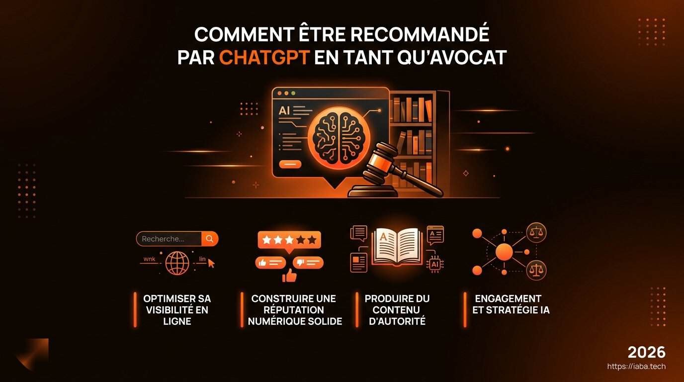 Schéma des 5 étapes pour être recommandé par ChatGPT comme avocat