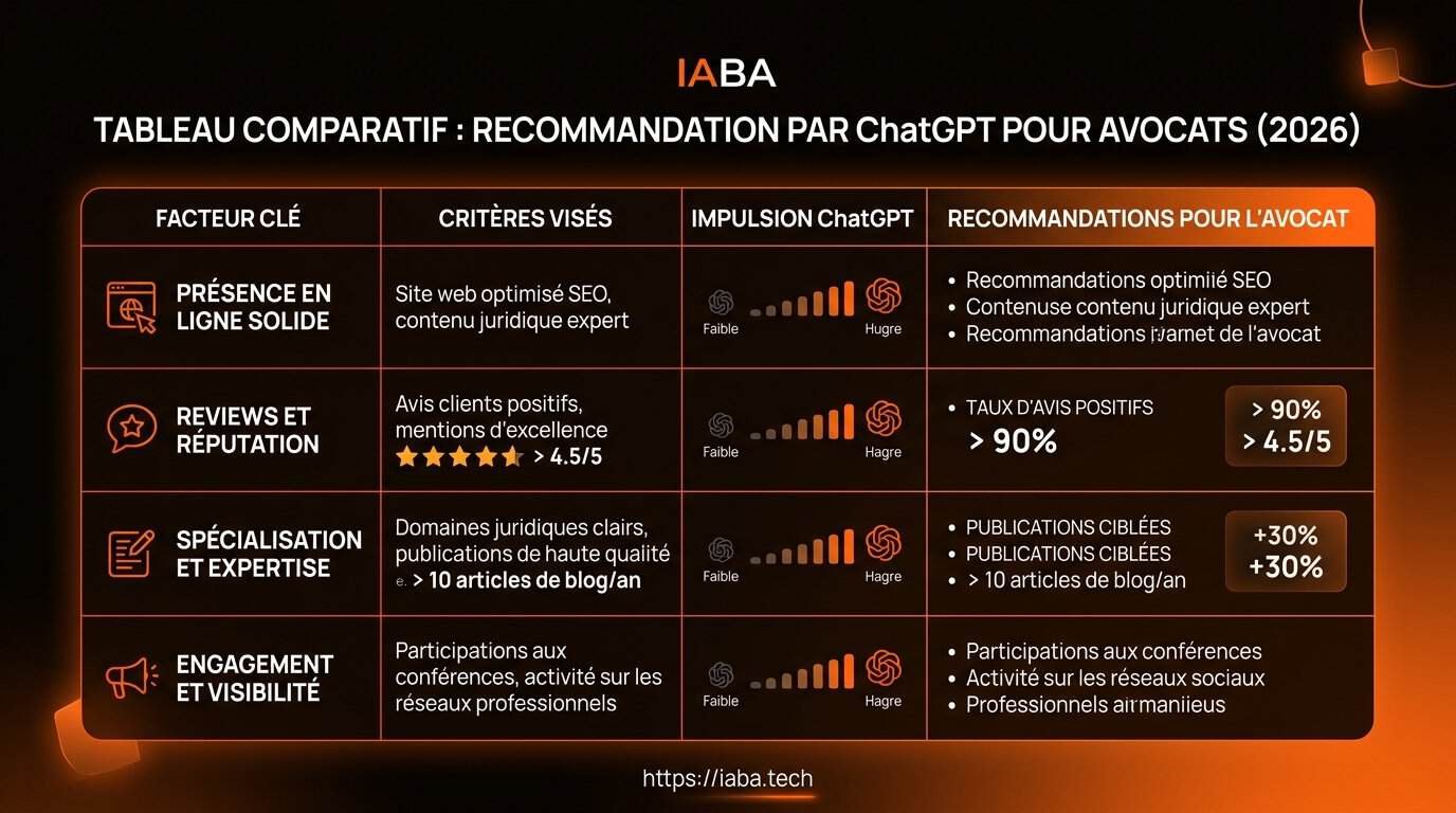 Comparatif des leviers pour être recommandé par ChatGPT comme avocat