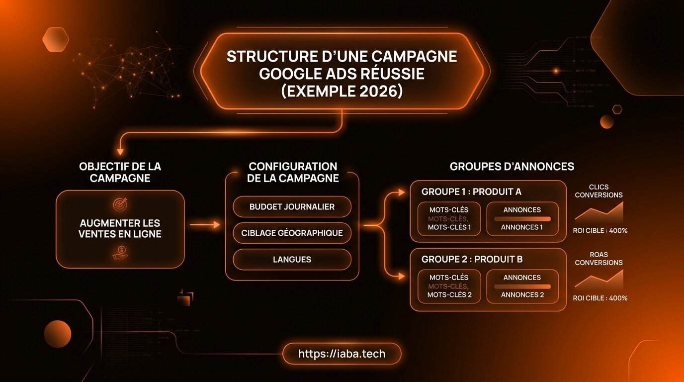 Exemple de Campagne Google Ads : Structure et Résultats 2 Infographie des 6 étapes de création d'une campagne Google Ads performante