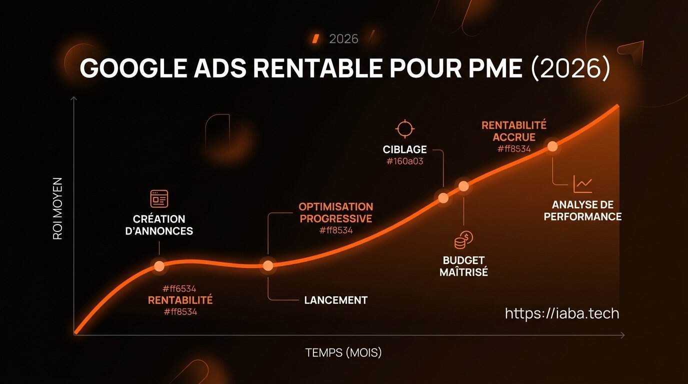 Google Ads pour PME : la méthode cash pour être rentable 3 Graphique comparant ROAS et CPA moyens des PME utilisant Google Ads sur 12 mois avec progression de la rentabilité