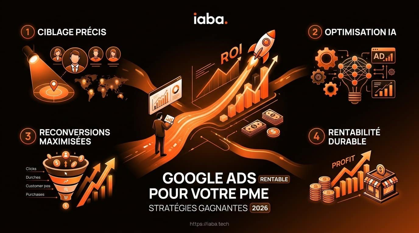 Google Ads pour PME : la méthode cash pour être rentable 2 Infographie du processus d'optimisation Google Ads PME : KPIs, intention de recherche, ROAS, automatisation IA 2026