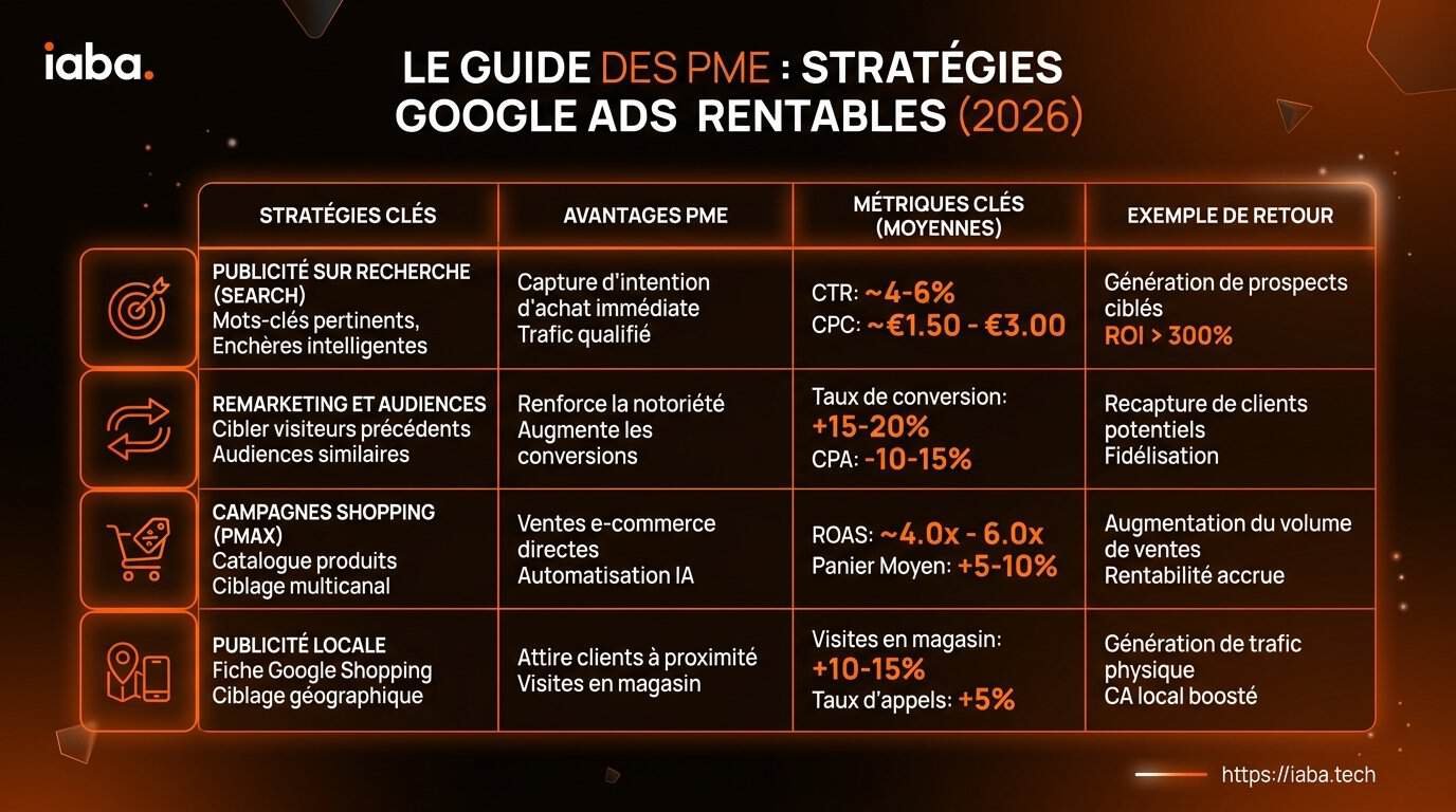 Google Ads pour PME : la méthode cash pour être rentable 4 Comparatif des stratégies Google Ads rentables pour PME 2026 : ROAS cible, CPA, taux de conversion et types de campagnes prioritaires par secteur