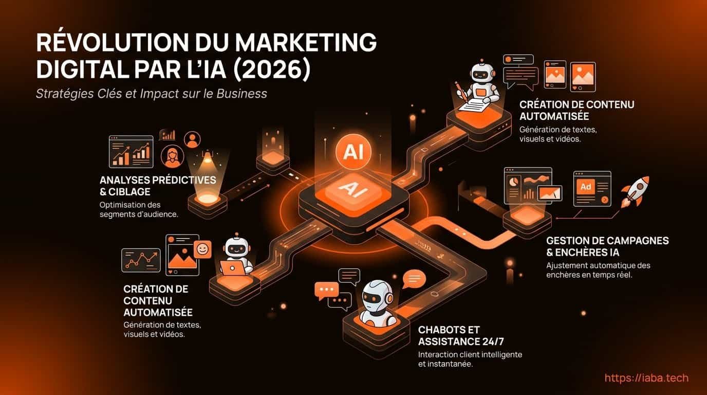 Schéma structuré des 5 piliers du marketing digital automatisé par l'IA générative et le SEO sémantique