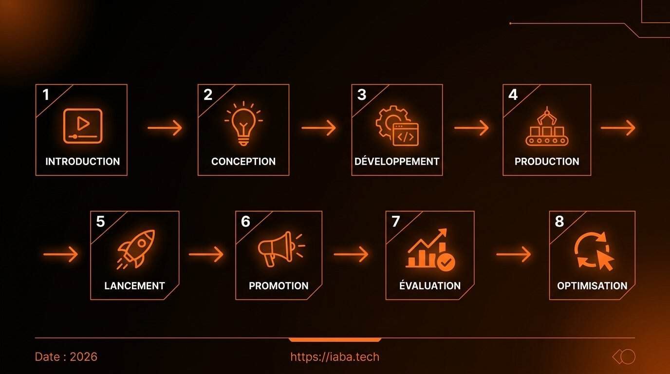Schéma du workflow marketing IA : collecte, contenu, diffusion, mesure