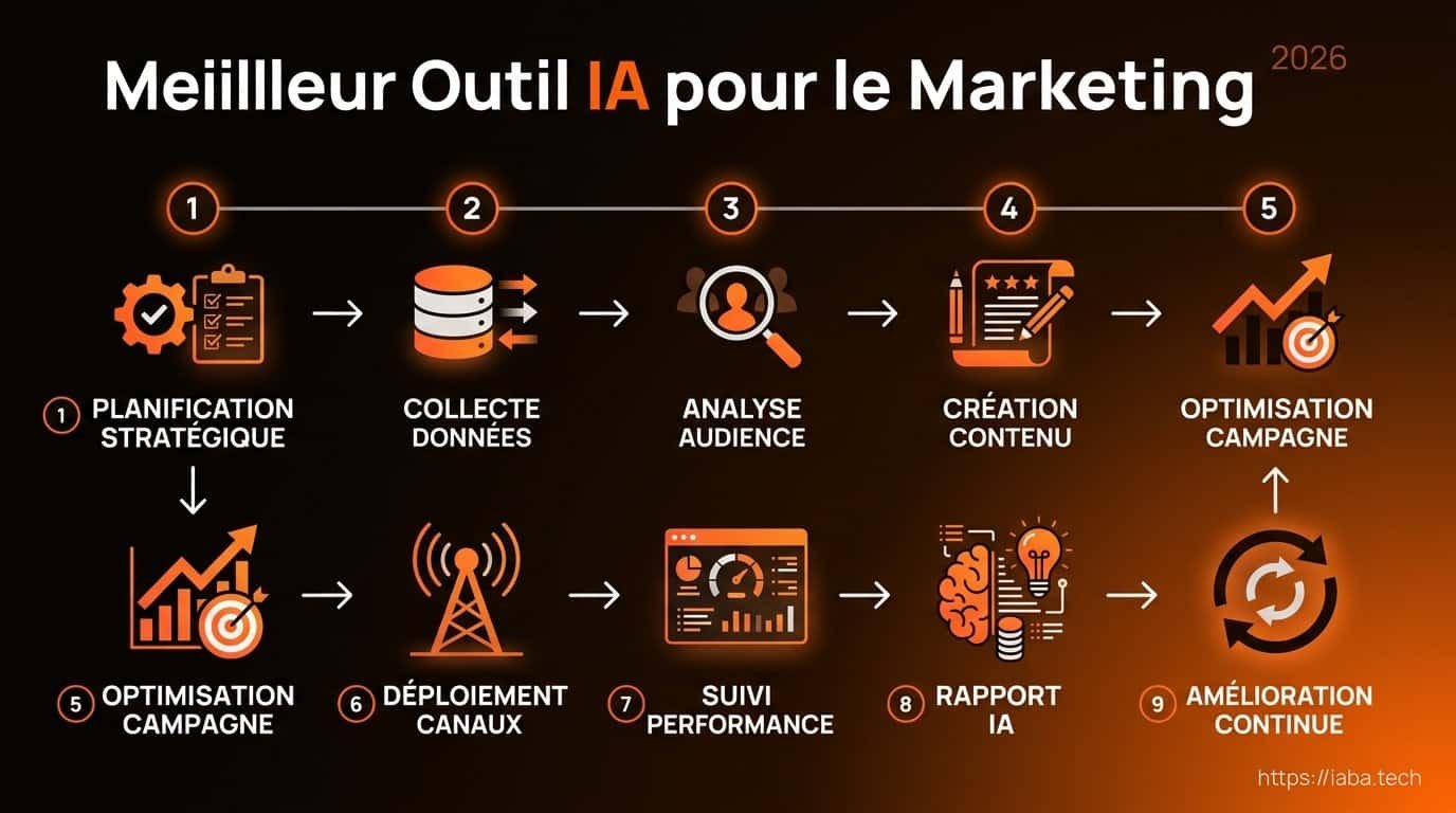 Schéma des étapes de sélection et d'intégration d'un stack IA marketing en 2026