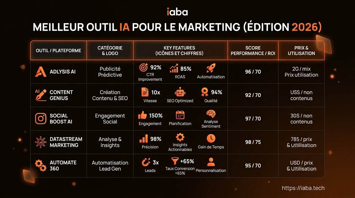 Comparatif tabulaire des plateformes IA pour Ads, CRM et analyse marketing en 2026