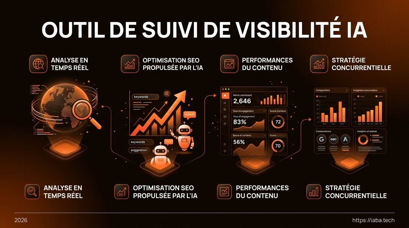 Outil de suivi de visibilité IA : comparatif pour PME 2 Infographie du fonctionnement d'un outil de suivi de visibilité IA en 4 étapes