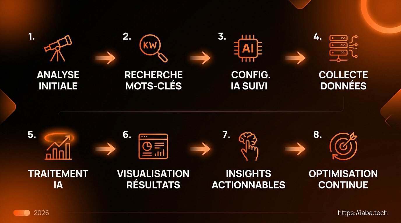 Outil de suivi de visibilité IA : comparatif pour PME 5 Schéma des étapes du suivi de visibilité IA et de mesure du ROI