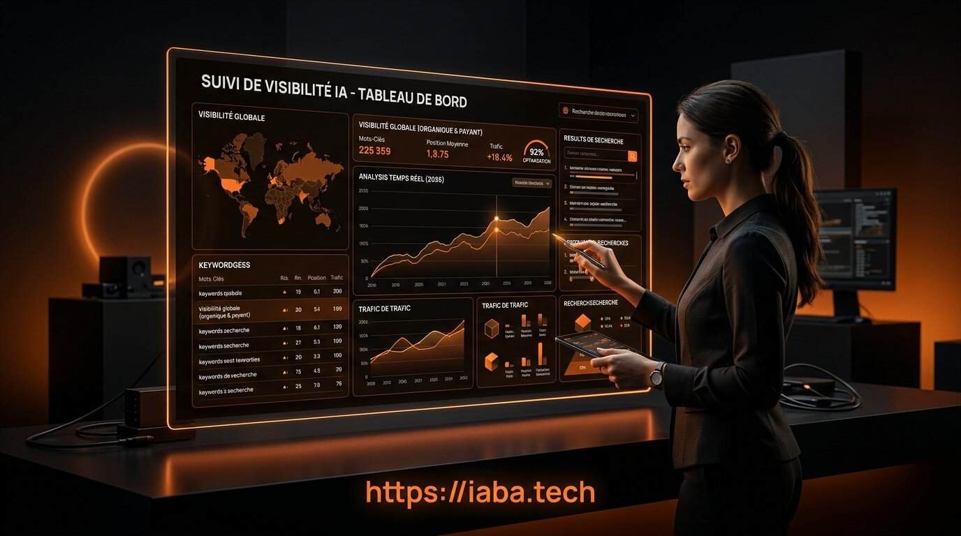 Outil de suivi de visibilité IA : comparatif pour PME 1 Tableau de bord d'un outil de suivi de visibilité IA analysant le positionnement SEO