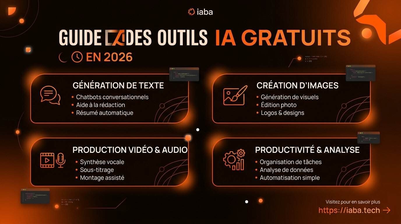 Outils IA gratuits : sélection sérieuse, limites et RGPD 2 Infographie des meilleurs outils IA gratuits classés par usages professionnels