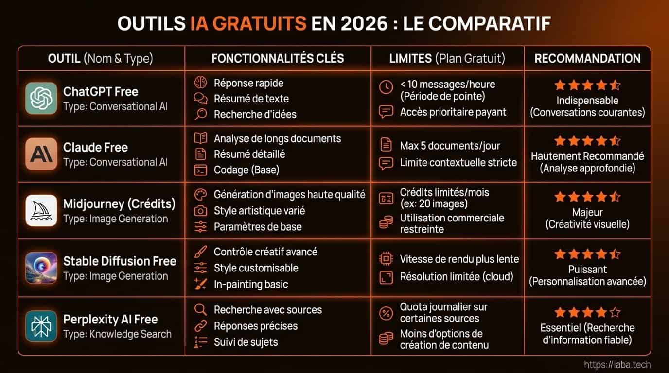 Outils IA gratuits : sélection sérieuse, limites et RGPD 4 Tableau comparatif des principaux outils IA gratuits : fonctionnalités, limites, accès