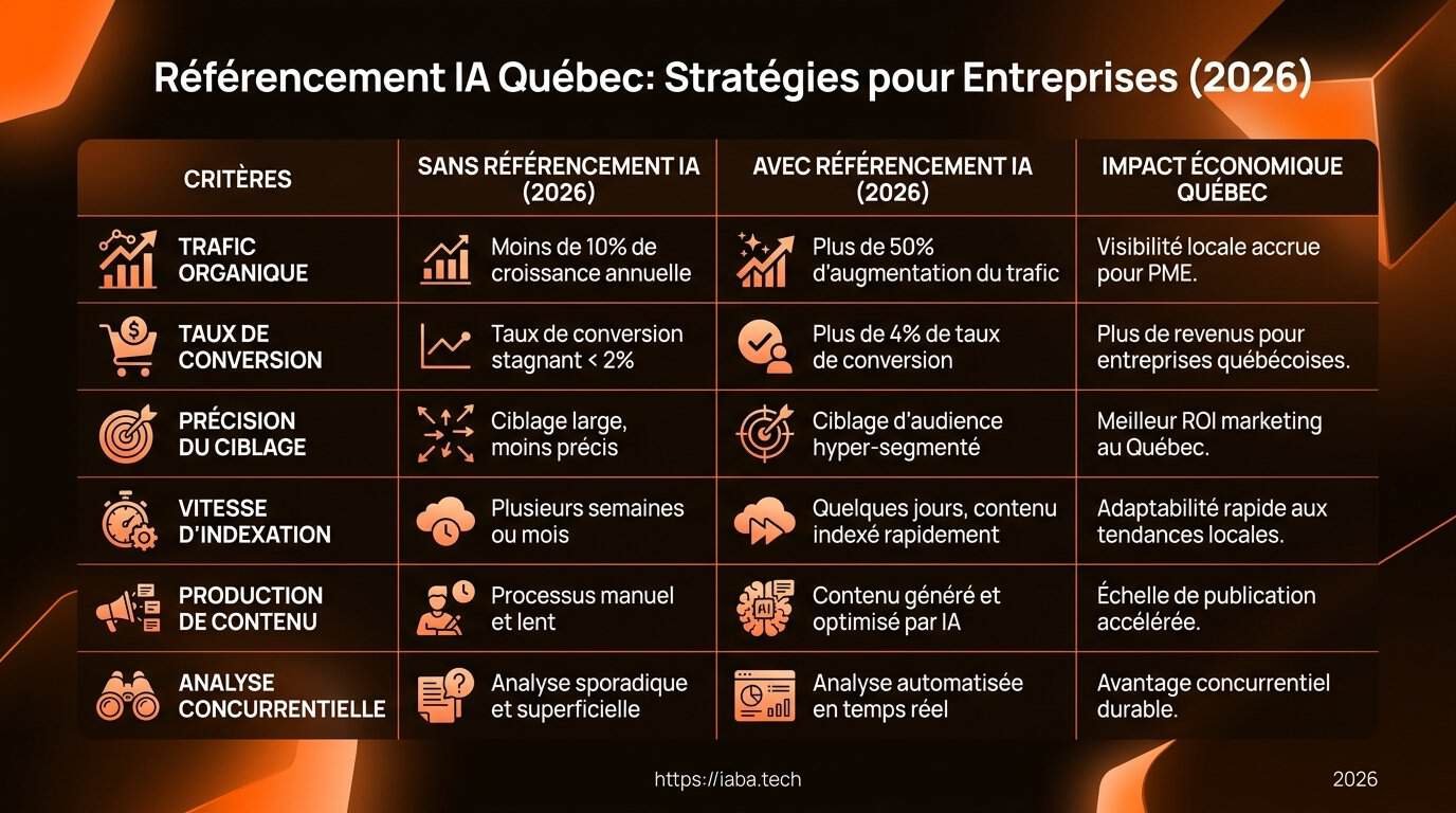 Référencement IA Québec : Visibilité ChatGPT pour Entreprises 4 Comparatif solutions référencement IA entreprises Québec coût automatisation conformité