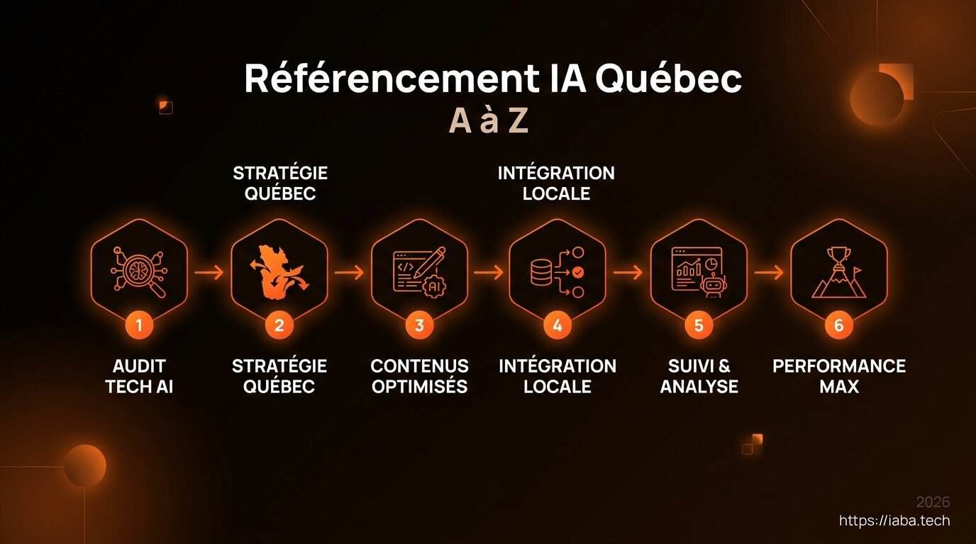 Schéma de processus des étapes du référencement IA au Québec en 2026