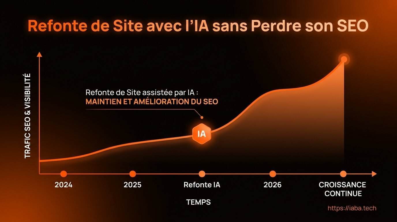 Graphique : Comparaison du trafic organique entre une refonte de site web traditionnelle et une migration optimisée par l'IA, montrant une réduction du taux de perte de SEO de 40% lors de la transition technique.