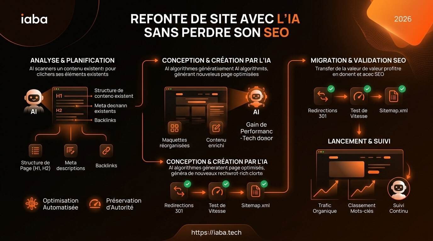 Schéma : Processus en 5 étapes pour la refonte d'un site WordPress avec l'IA en 2026, incluant l'audit technique, la génération de contenu, la migration des données, la gestion des redirections 301 et le monitoring des performances SEO.