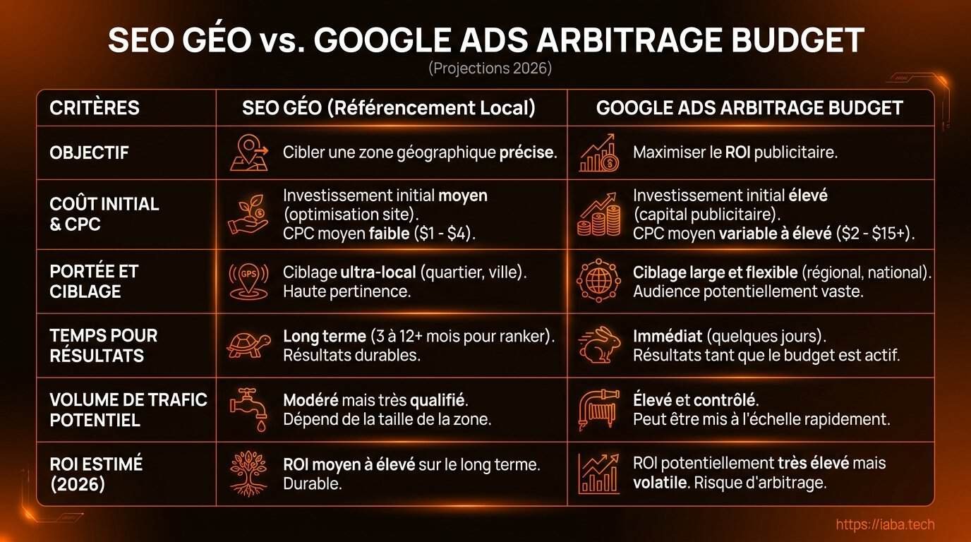Budget acquisition PME : SEO, GEO ou Google Ads ? 4 Tableau comparatif SEO GEO Google Ads coûts délais pérennité