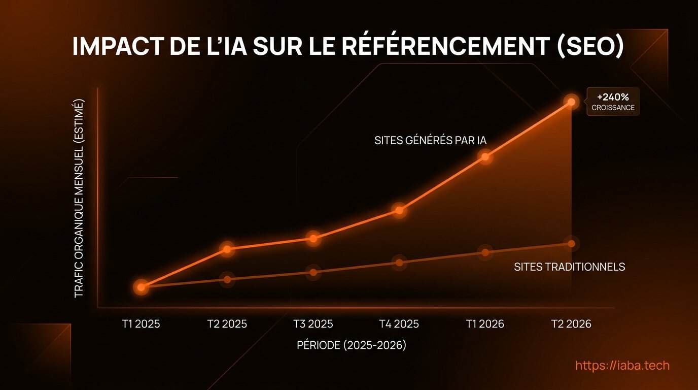 Comparaison de croissance du trafic organique entre site IA et site optimisé