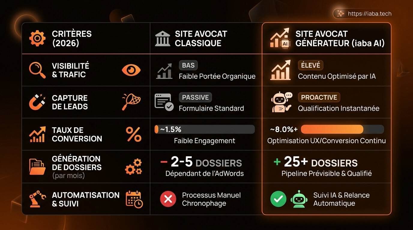 Comparatif des fonctionnalités clés pour un site internet d'avocat générant des dossiers