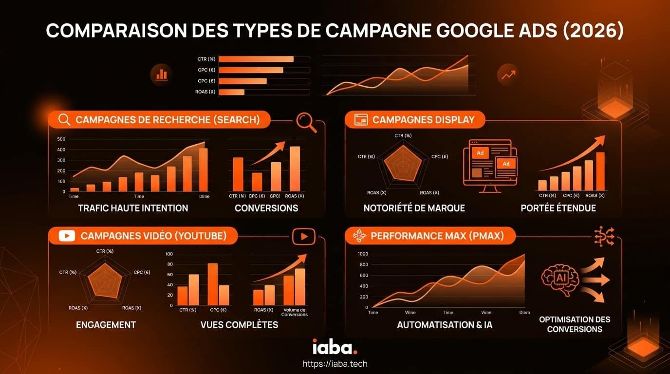 Comparaison du taux de conversion et du coût par acquisition selon le type de campagne Google Ads