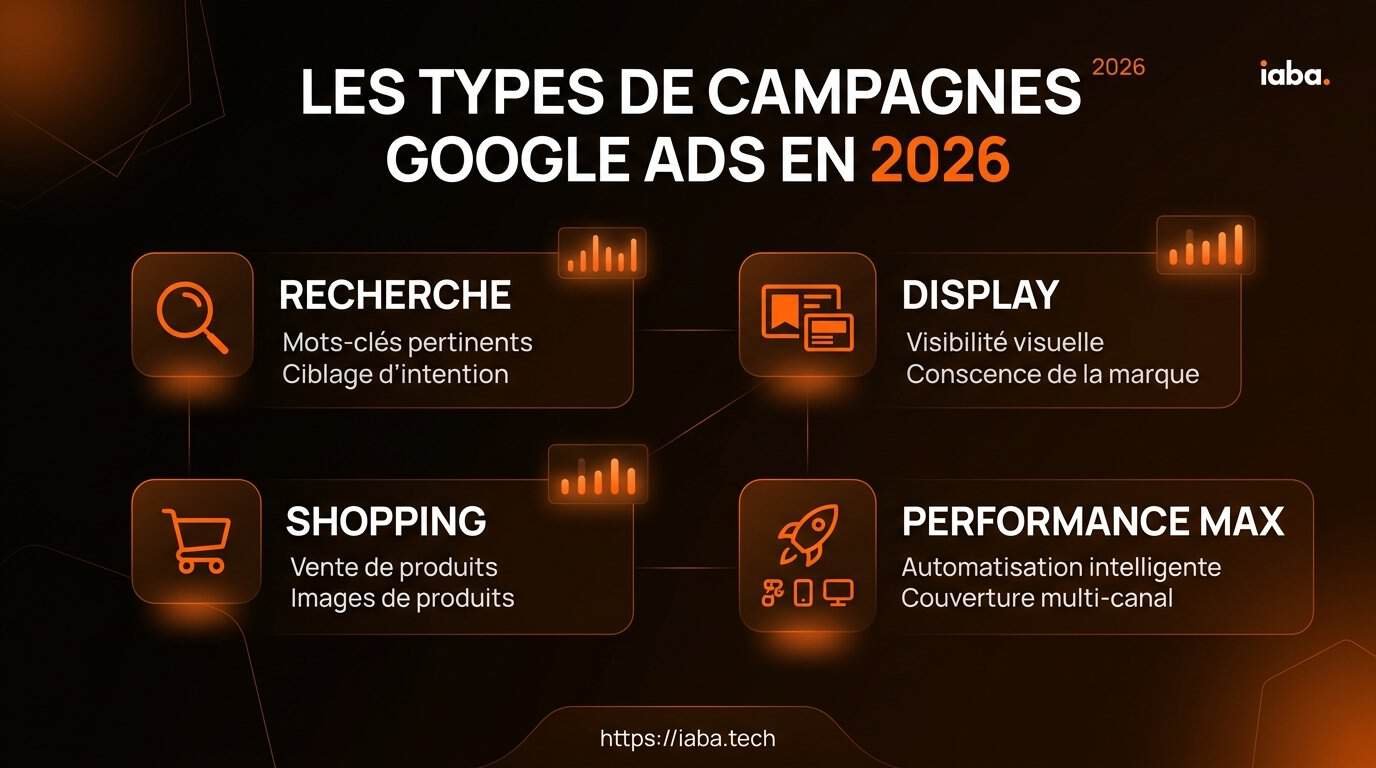 Arborescence des types de campagnes Google Ads classant les formats Search, Performance Max, Display, Vidéo et Shopping