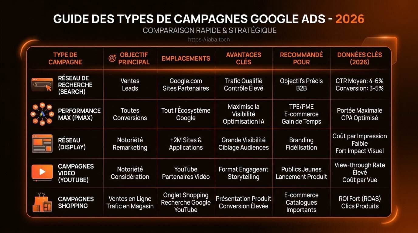 Comparatif des types de campagnes Google Ads par format, objectif et automatisation IA