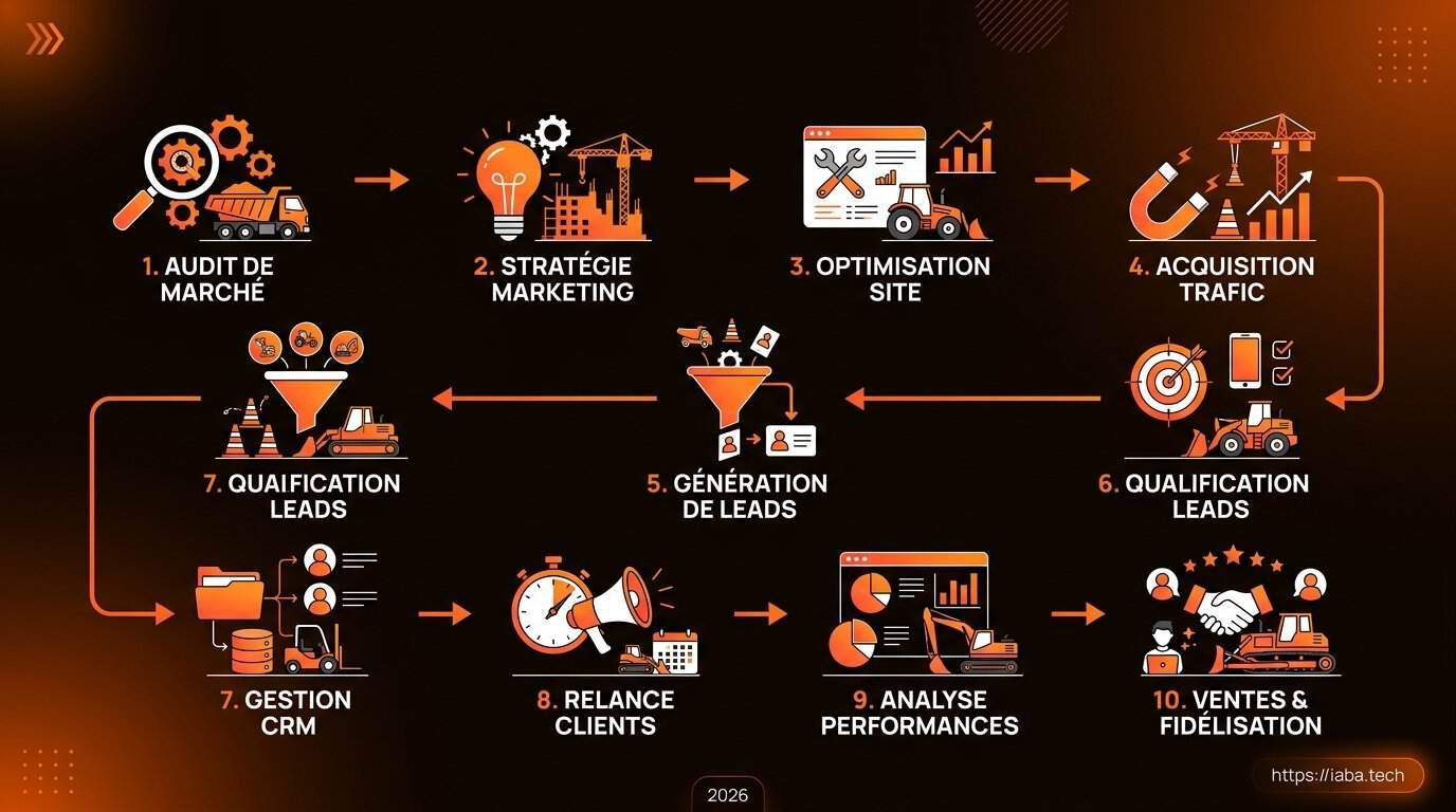Agence marketing négociant matériel BTP : pourquoi se spécialiser 5 Schéma de processus de l'audit stratégique au déploiement de campagnes multicanales pour négociants BTP en 2026