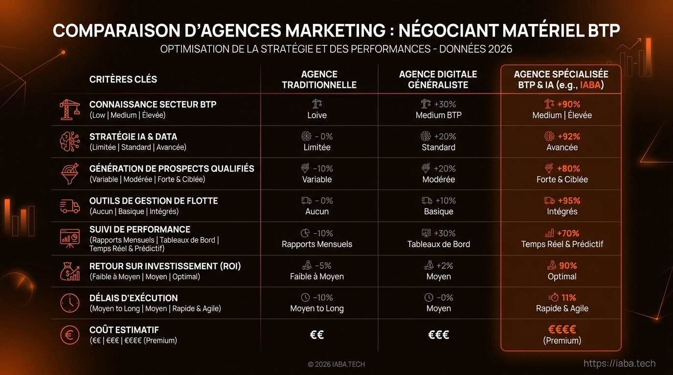 Agence marketing négociant matériel BTP : pourquoi se spécialiser 2 Tableau comparatif des services d'agences marketing pour négociants en matériel BTP en 2026 : ROI, SEO, CRM, leads qualifiés