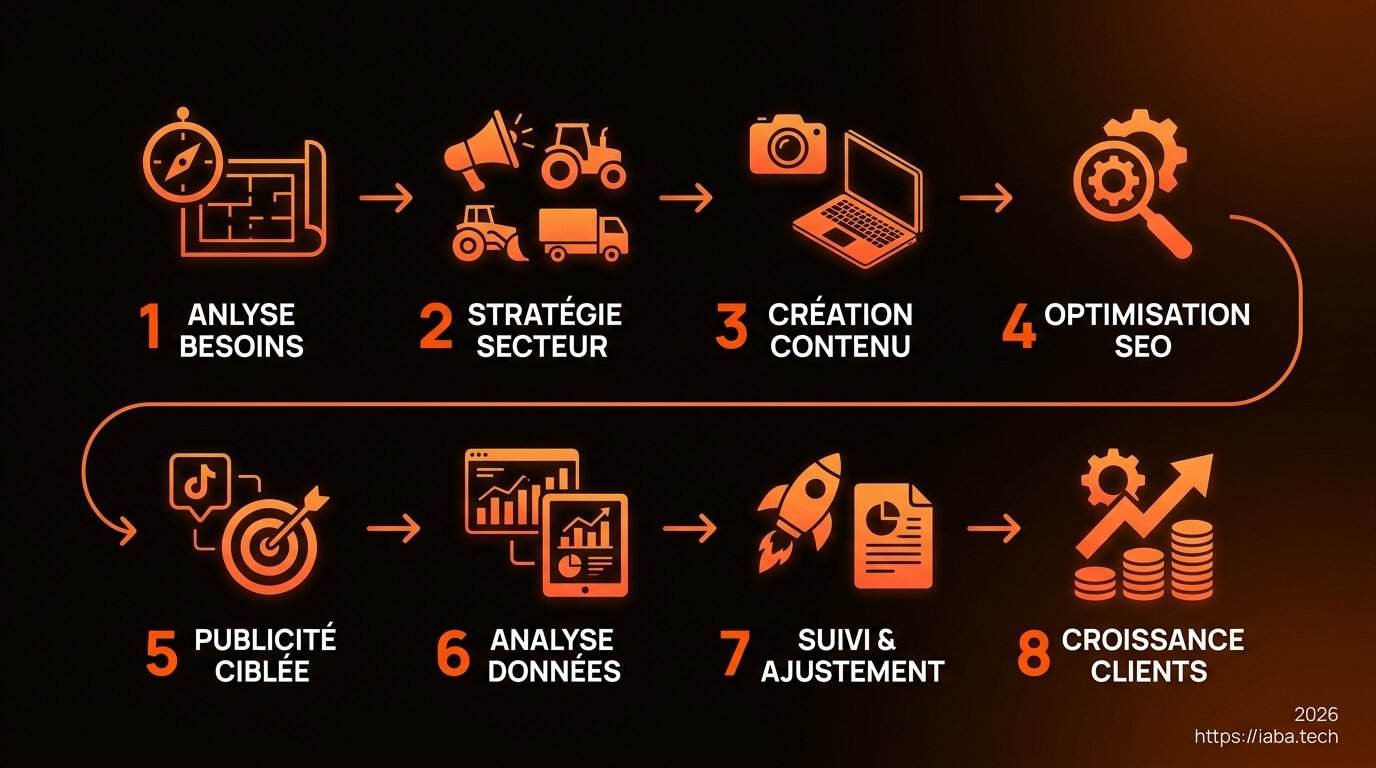 Agence BTP, machinisme et poids lourds : Google Ads et IA 5 Schéma processus marketing digital machinisme agricole BTP poids lourds