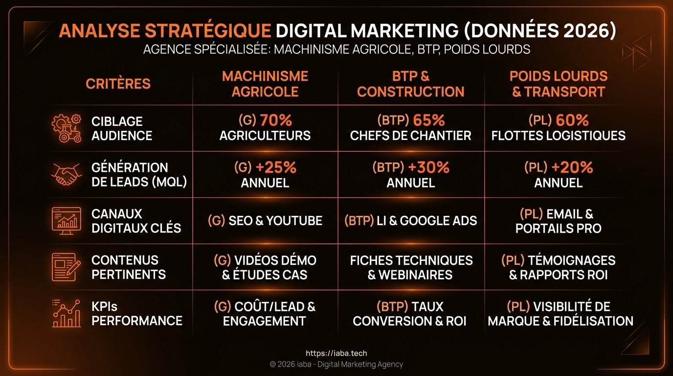 Agence BTP, machinisme et poids lourds : Google Ads et IA 4 Matrice comparative des agences marketing spécialisées industrie 2026