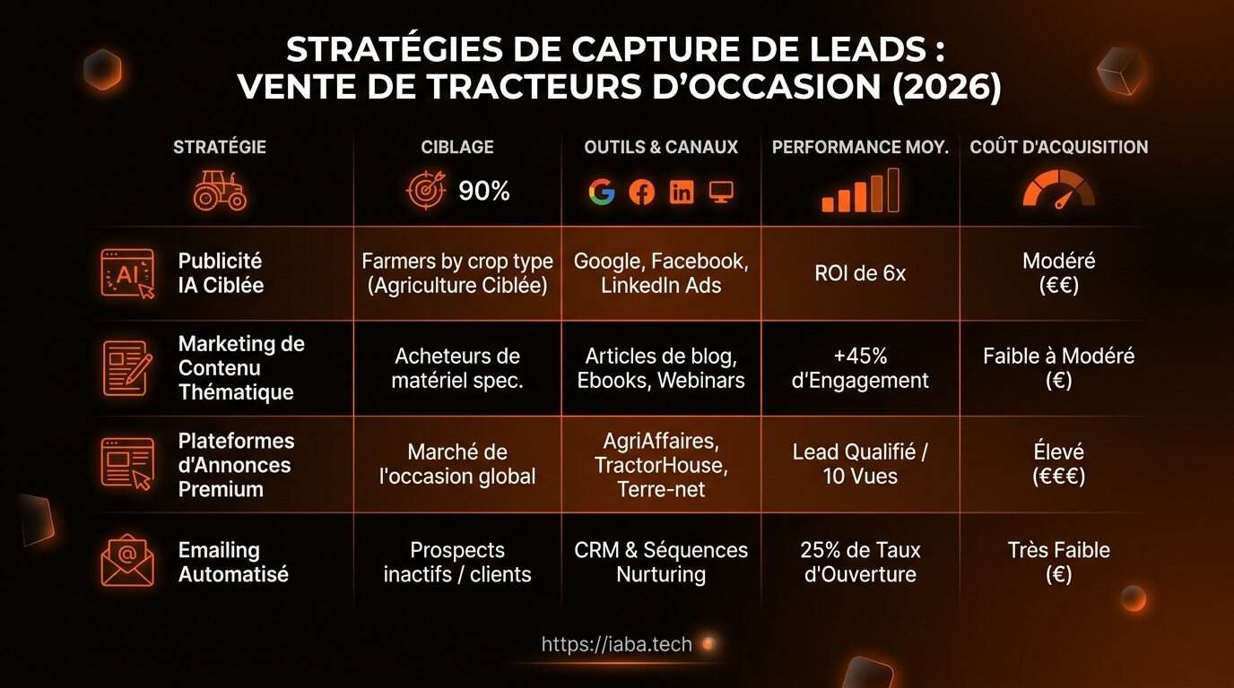 Générer plus de leads pour vendre ses tracteurs d'occasion 4 Tableau comparant les canaux d'acquisition de leads pour tracteurs d'occasion