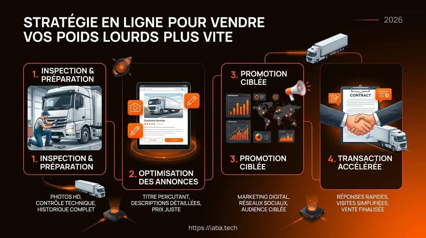 Vendre ses camions d'occasion plus vite : stratégie web 2 Infographie des 5 étapes pour accélérer la vente de camions et poids lourds d'occasion
