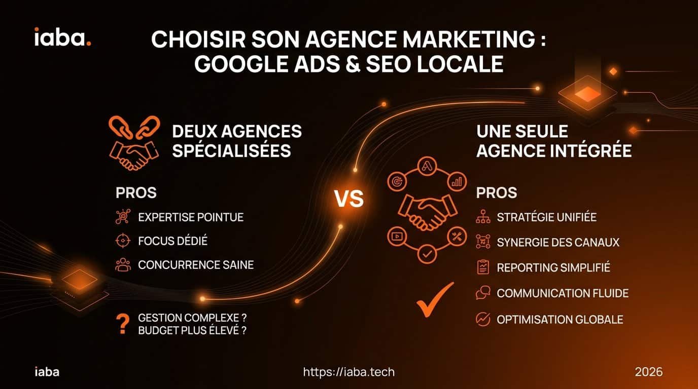 Infographie comparant gestion séparée et unifiée des campagnes Google Ads et GEO en 2026