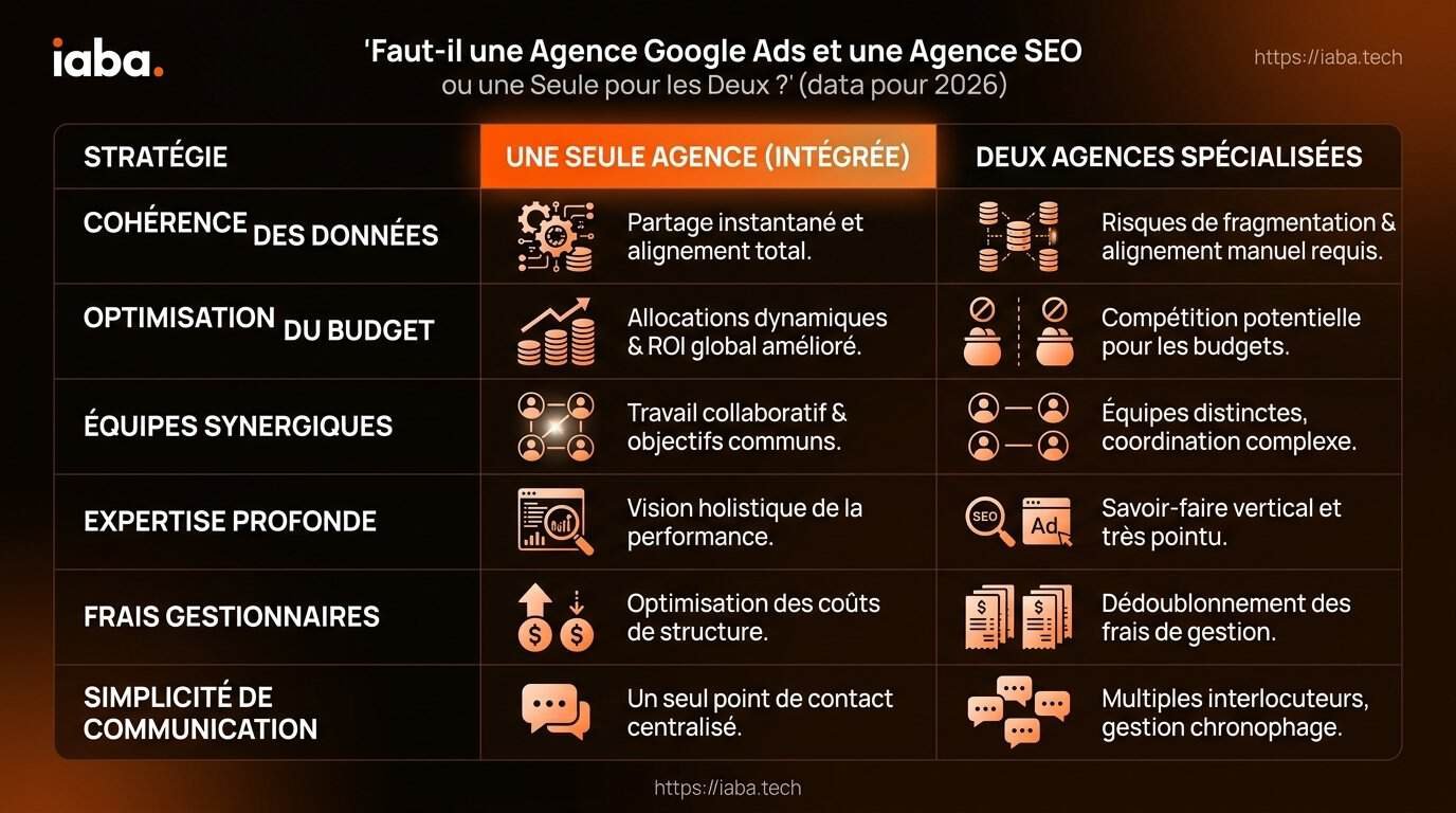 Comparatif deux agences spécialisées Google Ads et GEO versus une agence unique 360