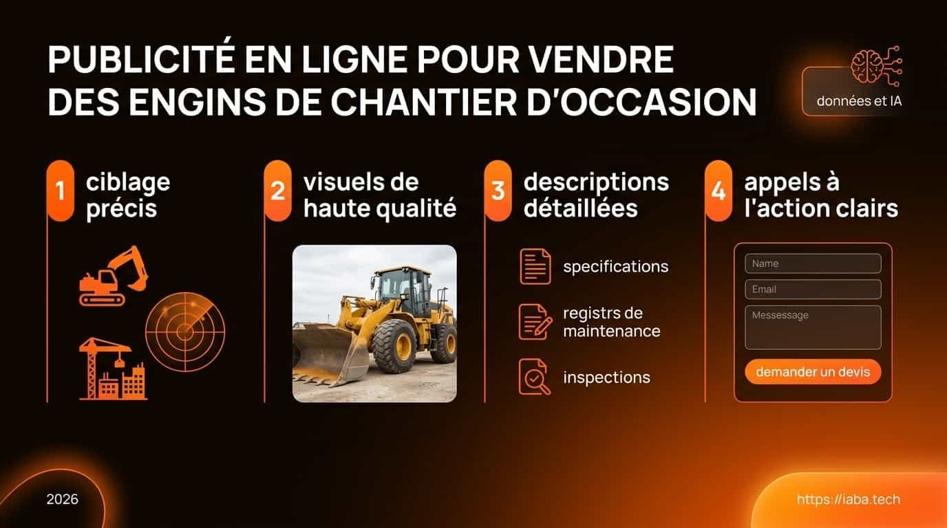 Calculer le ROI de la publicité pour engins de chantier 2 Infographie du schéma décisionnel en 5 étapes pour optimiser la publicité en ligne d'engins de chantier d'occasion
